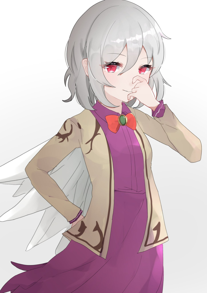 1girl angel_wings beige_jacket bow bowtie brooch covering_mouth cowboy_shot dress flat_chest fuua_(fxae3875) hand_on_hip hand_over_own_mouth highres jewelry kishin_sagume looking_at_viewer pink_eyes purple_dress red_neckwear short_hair silver_hair simple_background single_wing smile solo touhou white_background wings