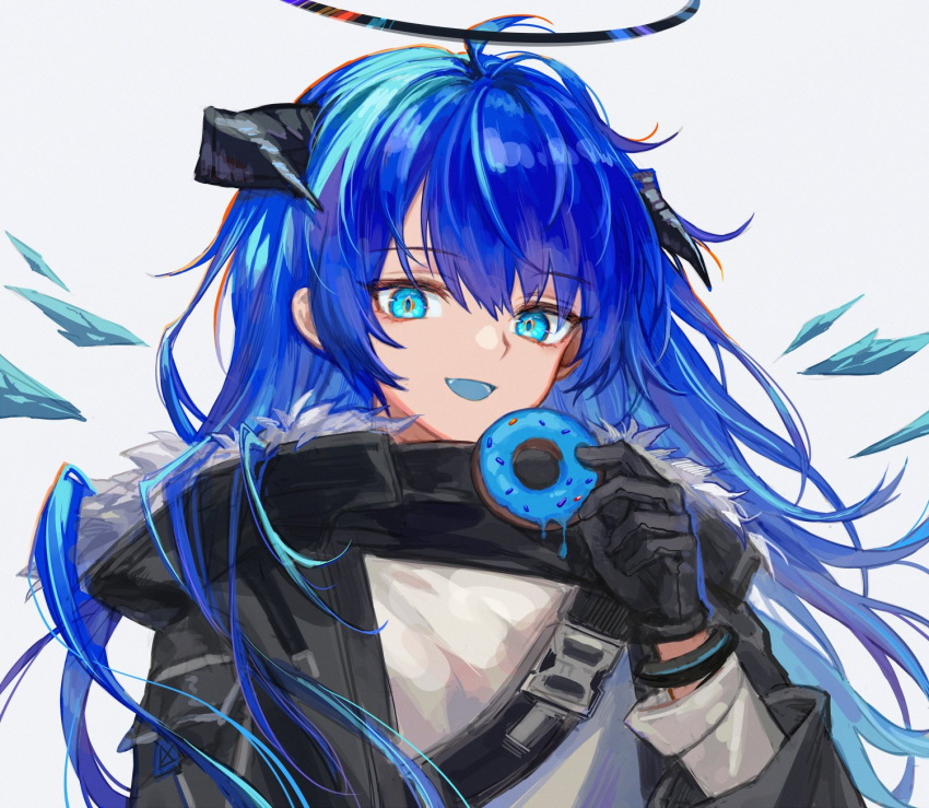 1girl :d ahoge arknights bangs black_gloves black_jacket blue_eyes blue_hair commentary doughnut eyebrows_visible_through_hair food gloves grey_background grey_shirt halo hand_up highres holding holding_food horns jacket long_hair long_sleeves looking_at_viewer mostima_(arknights) open_mouth revision shirt simple_background smile solo spacelongcat upper_body