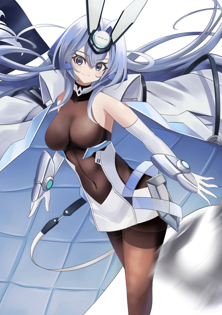 1girl :3 armpit_crease azur_lane bangs bare_shoulders blue_eyes blue_hair bodystocking breasts center_opening closed_mouth coat coat_on_shoulders commentary covered_collarbone covered_navel cowboy_shot dress elbow_gloves eyebrows_visible_through_hair gloves hair_between_eyes hair_intakes headgear highres john_manjirou_(love-love-happy21) large_breasts long_hair looking_at_viewer new_jersey_(azur_lane) pantyhose sidelocks simple_background sleeveless smile solo standing thighband_pantyhose vambraces white_background white_coat white_dress white_gloves