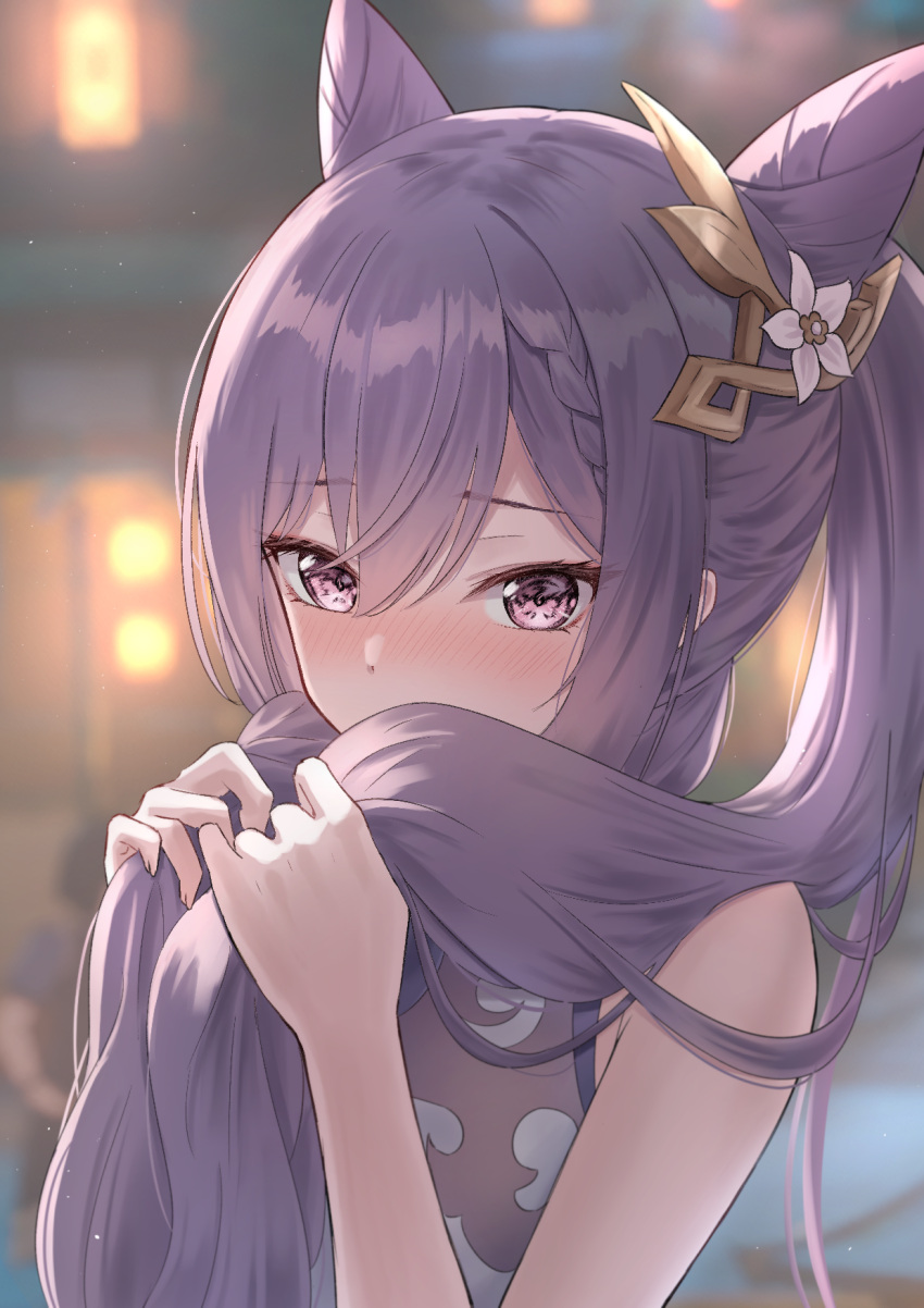 1girl bare_arms bare_shoulders blurry blush braid covering_mouth depth_of_field dust dust_particles eyebrows_visible_through_hair eyelashes flower genshin_impact hair_cones hair_flower hair_ornament hair_over_mouth highres holding holding_hair keqing_(genshin_impact) light_purple_hair long_hair looking_at_viewer marinesnow nose_blush pink_eyes solo tsurime twintails upper_body white_flower