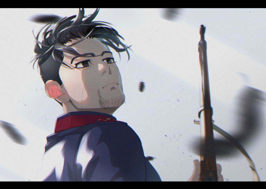 1boy black_eyes black_hair blurry blurry_foreground facial_hair golden_kamuy gun letterboxed looking_up male_focus military military_uniform ogata_hyakunosuke outdoors sayasaka scar scar_on_cheek scar_on_face simple_background solo stubble uniform upper_body weapon wind