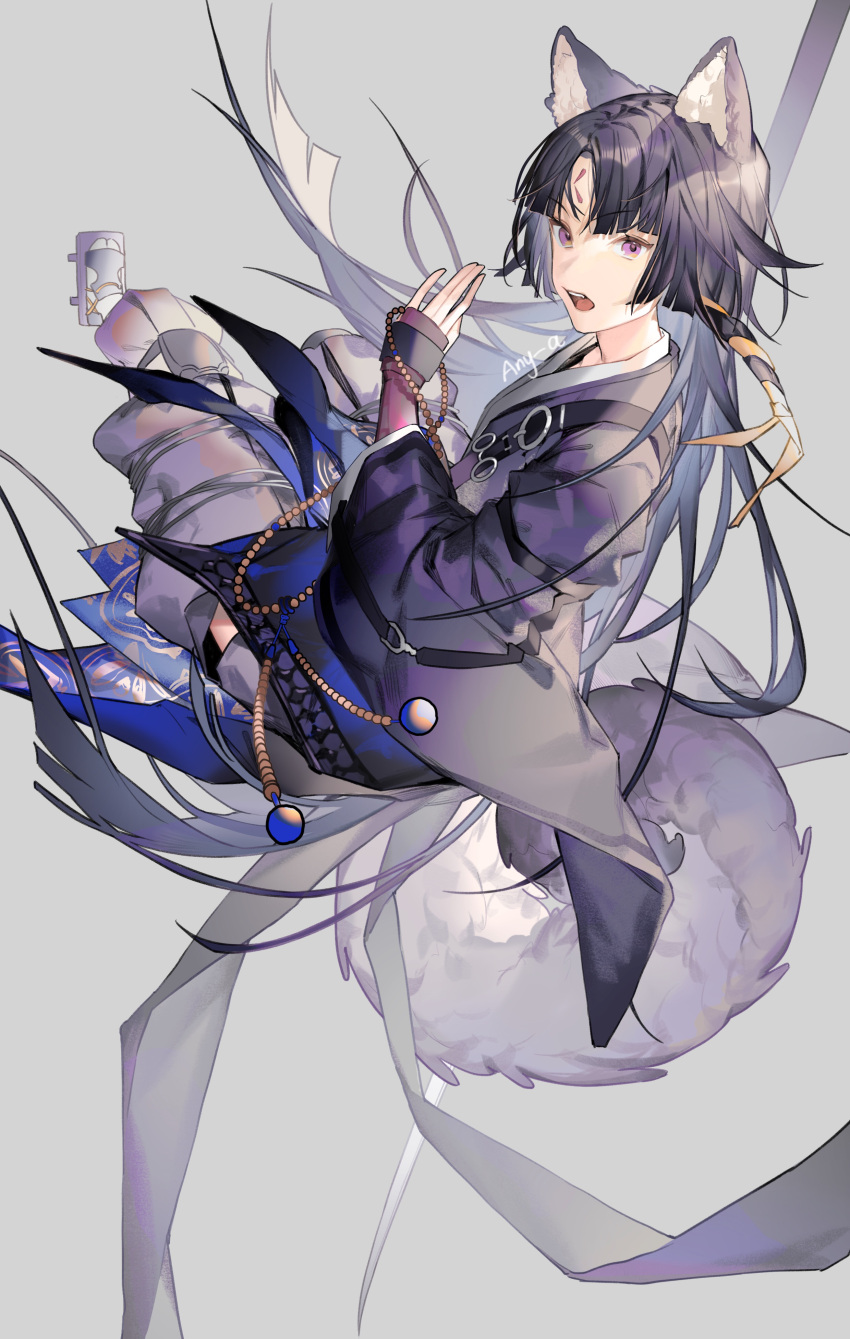 1girl absurdres aniao_ya animal_ears arknights bangs beads black_hair commentary_request dog_ears dog_tail grey_background hand_up highres japanese_clothes kimono long_hair long_sleeves looking_at_viewer open_mouth pants prayer_beads purple_kimono saga_(arknights) simple_background solo tail violet_eyes wide_sleeves