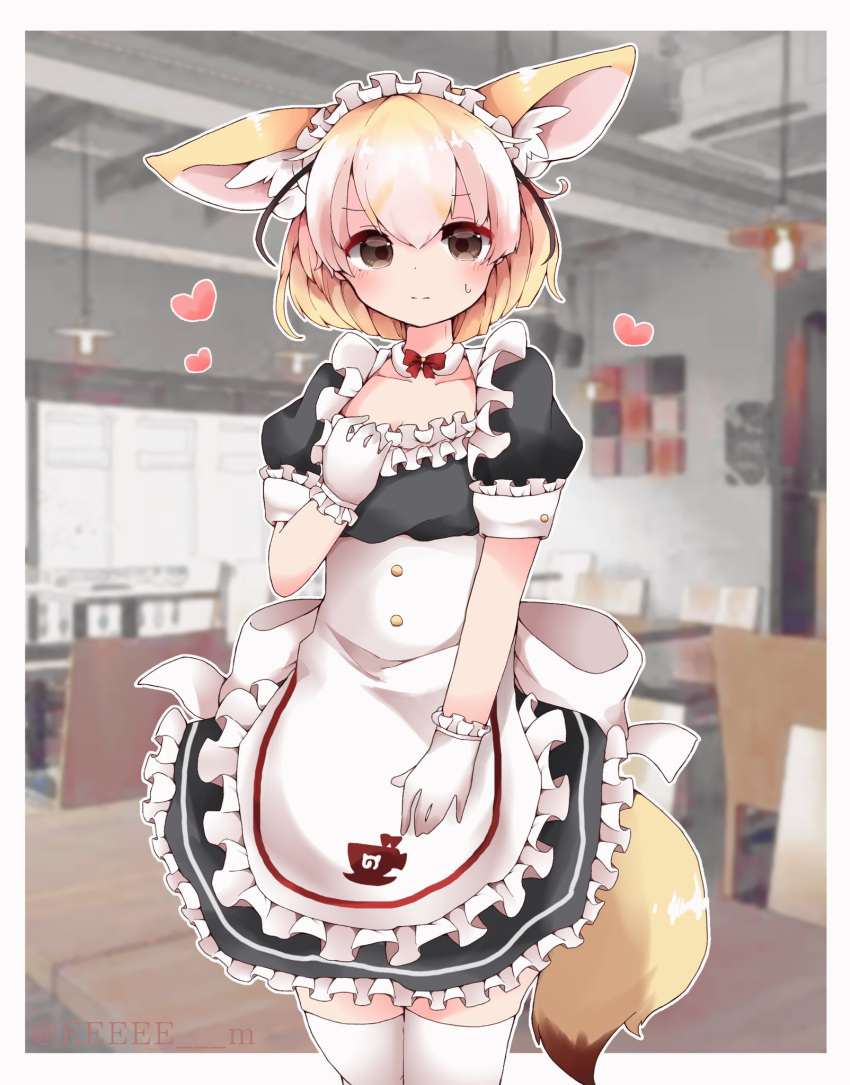 1girl alternate_costume animal_ears apron black_dress blonde_hair blush bow bowtie brown_hair collar cowboy_shot detached_collar dress eeeee_m enmaided extra_ears fennec_(kemono_friends) fox_ears fox_girl fox_tail frilled_collar frills gloves hair_over_one_eye highres japari_symbol kemono_friends looking_at_viewer maid maid_apron maid_headdress multicolored_hair puffy_short_sleeves puffy_sleeves red_neckwear short_hair short_sleeves sleeve_cuffs solo sweatdrop tail thigh-highs white_apron white_collar white_fur white_gloves white_hair white_legwear zettai_ryouiki