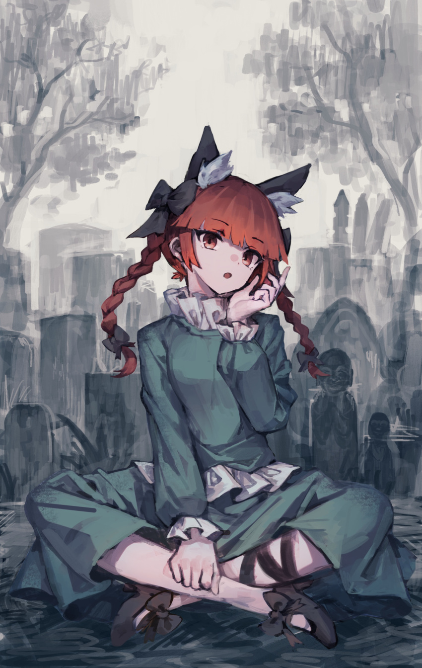1girl :o absurdres animal_ear_fluff animal_ears bangs black_bow black_footwear blunt_bangs bow braid breasts cat_ears dress extra_ears eyebrows_visible_through_hair footwear_bow full_body graveyard green_dress hair_bow hair_ribbon hand_up highres indian_style kaenbyou_rin long_hair looking_at_viewer medium_breasts open_mouth outdoors puffy_sleeves red_eyes redhead ribbon shoes sitting solo tombstone touhou tree tress_ribbon twilight twin_braids twintails yanyan_(shinken_gomi)