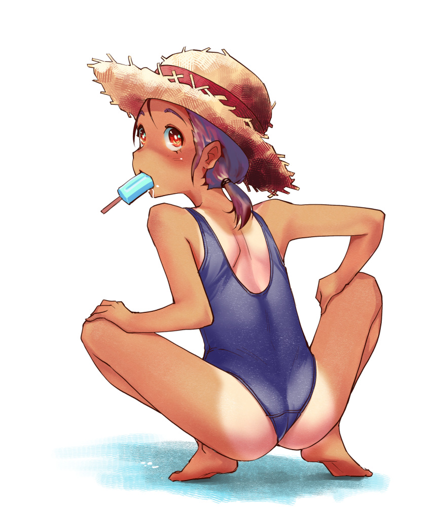 1girl ass blue_swimsuit commentary_request food from_behind full_body gekkou_(geccomajin) hat highres long_hair looking_up low_ponytail mouth_hold one-piece_tan original popsicle purple_hair red_eyes school_swimsuit shoulder_blades simple_background solo straw_hat swimsuit tan tanline white_background