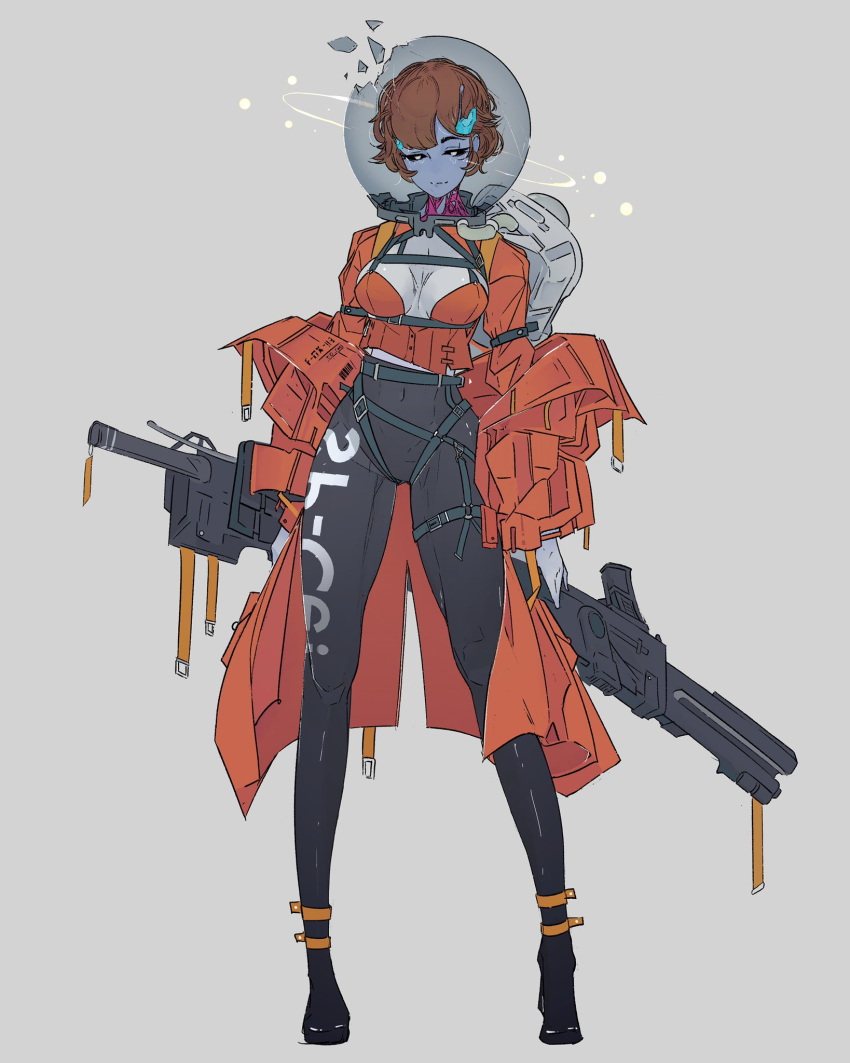 1girl black_pants breasts breasts_apart broken_helmet colored_skin covered_navel elliemaplefox fishbowl_helmet grey_background grey_skin gun highres holding holding_gun holding_weapon long_sleeves medium_breasts original pants print_pants simple_background solo space_helmet weapon