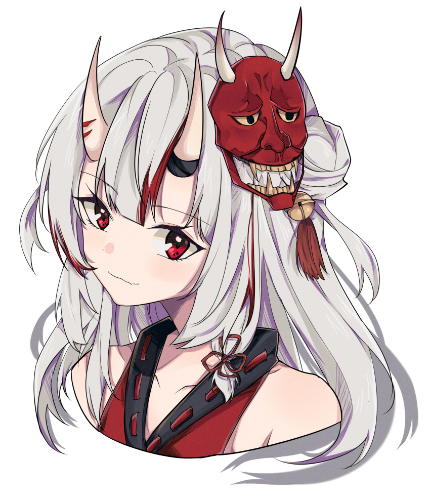 1girl absurdres bangs bare_shoulders bell blunt_bangs closed_mouth collarbone eyebrows_visible_through_hair flower_knot hair_bun highres hololive horns long_hair looking_at_viewer messy_hair multicolored_hair nakiri_ayame oni_horns oni_mask pokarii_zuu portrait red_eyes sidelocks smile solo streaked_hair virtual_youtuber white_background white_hair