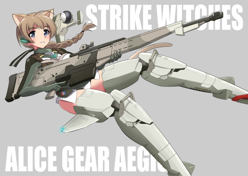 1girl absurdres ahoge alice_gear_aegis background_text bangs blue_eyes bodysuit braid braided_ponytail brown_hair commentary_request copyright_name cosplay english_text eyebrows_visible_through_hair flying grey_background grey_bodysuit gun hair_tie headset highres holding holding_gun holding_weapon huge_weapon long_hair looking_at_viewer lynette_bishop mecha_musume parted_lips simple_background single_braid smile solo strike_witches tricky_46 trigger_discipline weapon world_witches_series