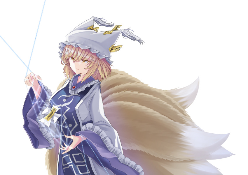 1girl animal_ears blonde_hair breasts dress fox_ears fox_tail hat highres large_breasts multiple_tails pillow_hat sarasadou_dan short_hair simple_background solo string tabard tail touhou white_background white_dress yakumo_ran yellow_eyes