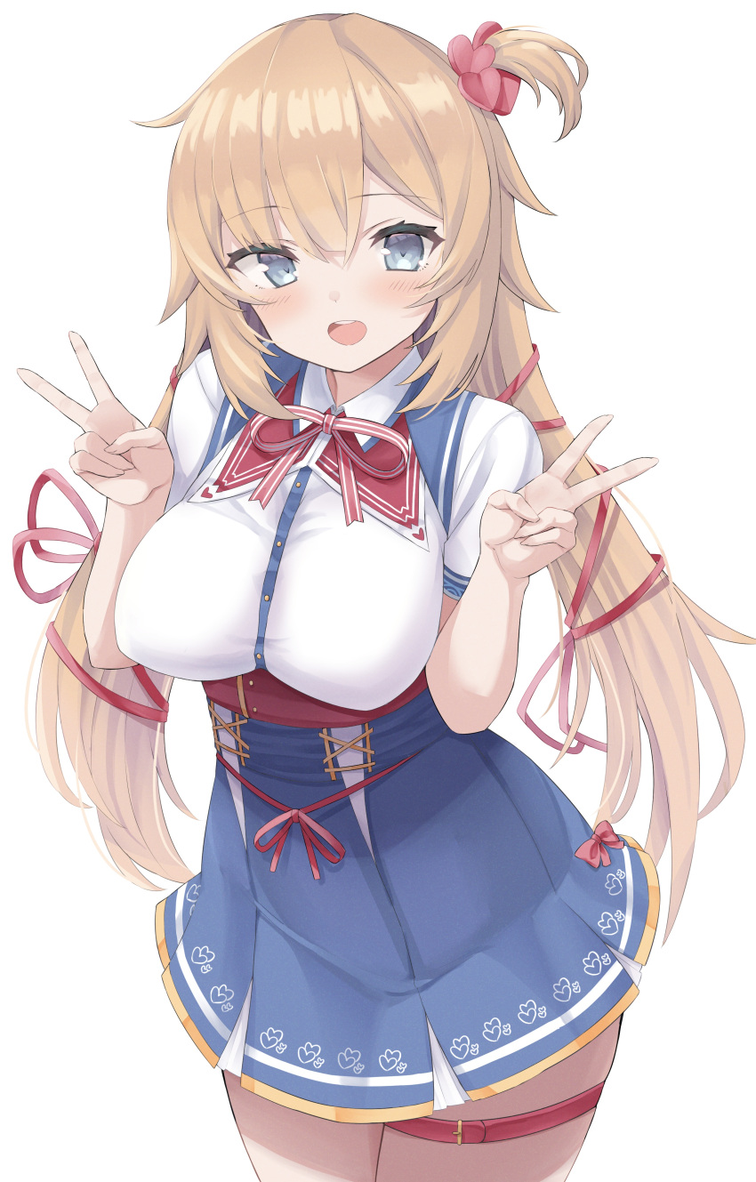 1girl absurdres akai_haato bangs blonde_hair blue_eyes blue_skirt blush breasts commentary cowboy_shot double_v eyebrows_visible_through_hair hair_ornament hair_ribbon hands_up heart heart_hair_ornament high-waist_skirt highres hololive large_breasts long_hair looking_at_viewer nekohuman221_(tsun221) one_side_up open_mouth red_ribbon ribbon shirt short_sleeves skirt solo twintails v very_long_hair virtual_youtuber white_background white_shirt