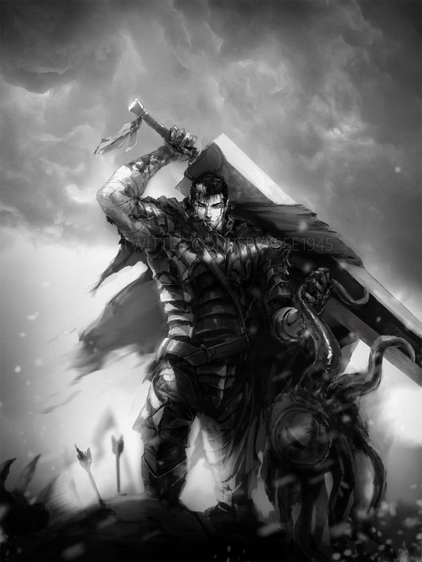 1girl armor arrow_(projectile) bandaged_arm bandages berserk berserker_armor dragonslayer_(sword) greyscale guts_(berserk) highres huge_weapon monochrome spykeee1945 standing sword sword_behind_back weapon