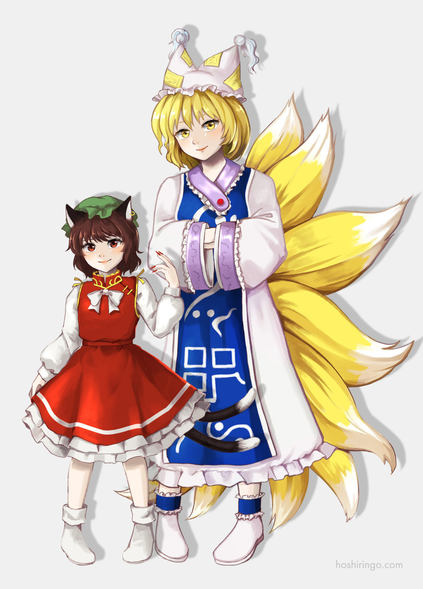 2girls absurdres animal_ears blonde_hair bow bowtie brown_eyes brown_hair cat_ears cat_tail chen dress drop_shadow fox_ears fox_tail full_body gold_trim grey_background hat highres hoshiringo0902 jewelry light_blush mob_cap multiple_girls multiple_tails nekomata nostrils perfect_cherry_blossom pillow_hat red_dress short_hair simple_background single_earring tabard tail touhou two_tails white_dress white_neckwear yakumo_ran yellow_eyes