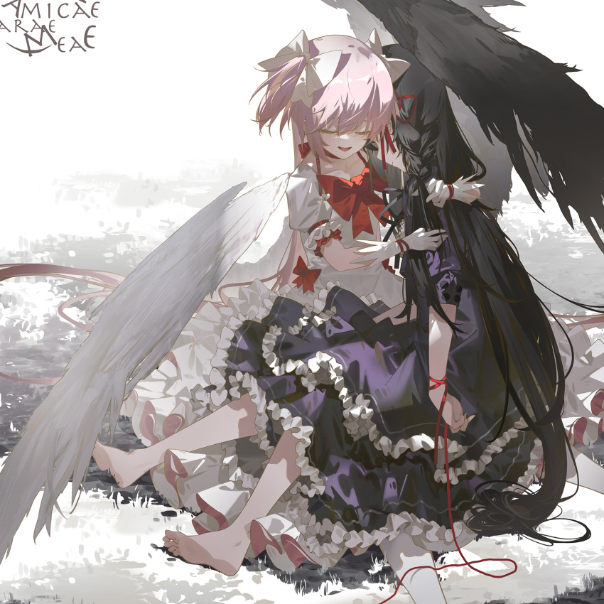 2girls akemi_homura angel_wings black_dress black_hair black_wings bow braid braiding_hair center_frills closed_eyes closed_mouth collarbone dress eyelashes feathered_wings flat_chest frilled_dress frilled_sleeves frills full_body gloves grass hairdressing halter_dress halterneck hand_in_another's_hair head_on_another's_shoulder highres homulilly kaname_madoka layered_dress light_blush long_hair mahou_shoujo_madoka_magica mahou_shoujo_madoka_magica_movie multiple_girls muted_color neck_ribbon on_ground pale_skin parted_lips pink_hair puffy_sleeves red_bow ribbon simple_background sitting sitting_on_person soles straight_hair tatatsu teeth two_side_up unconscious upper_teeth very_long_hair waist_bow white_background white_dress white_gloves white_ribbon white_wings wings