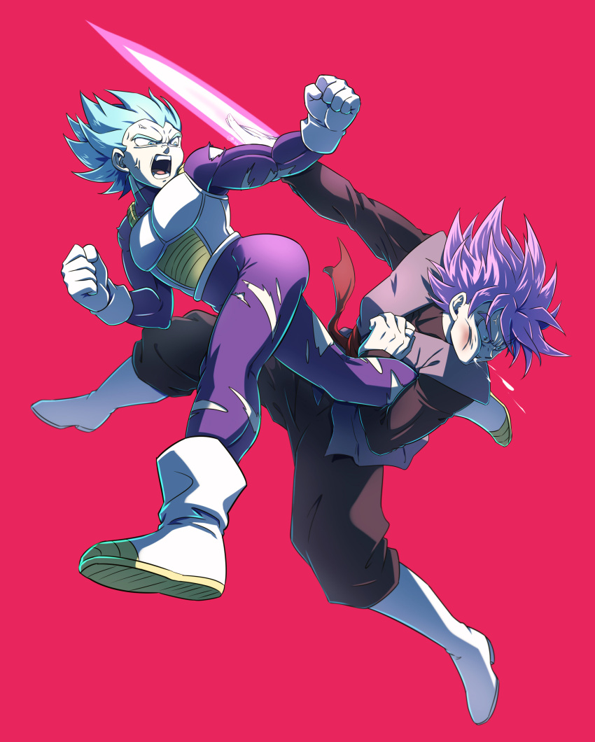 2boys absurdres anger_vein armor bodysuit boots clenched_hands commentary_request dragon_ball dragon_ball_super fighting gloves goku_black highres male_focus multiple_boys open_mouth purple_hair simple_background sm318 spiky_hair spitting teeth tongue torn_bodysuit torn_clothes vegeta white_footwear white_gloves