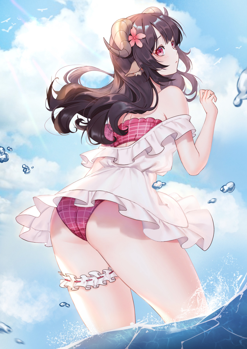 1girl absurdres animal_ears arknights bangs bare_shoulders bikini bikini_under_clothes black_hair blue_sky bow brown_hair clouds cowboy_shot day dress eyjafjalla_(arknights) floating_hair flower frilled_dress frills from_behind hair_flower hair_ornament highres horns leaning_forward leg_garter long_hair looking_away looking_to_the_side ocean off_shoulder plaid plaid_bow qingtiana red_eyes red_flower sheep_ears sheep_horns short_dress sky solo standing swimsuit wading water_drop white_dress