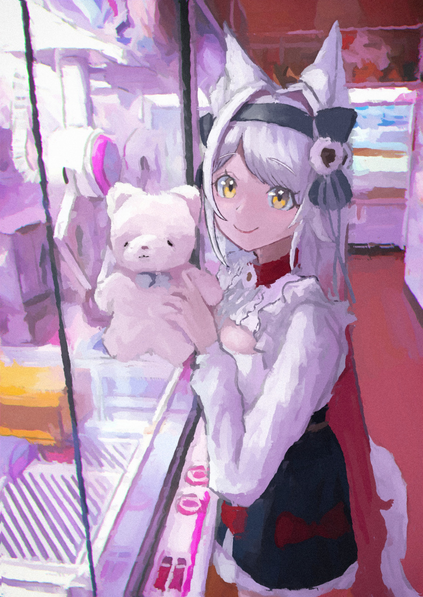 1girl absurdres animal_ear_fluff animal_ears bangs black_bow black_hairband black_skirt bow closed_mouth commentary crane_game eyebrows_visible_through_hair from_side grey_hair hair_bow hairband hands_up highres holding holding_stuffed_toy huge_filesize indie_virtual_youtuber indoors kurou_satsuki long_sleeves looking_at_viewer looking_to_the_side ponta_(matsuokazieg) red_bow shirt skirt smile stuffed_animal stuffed_toy tail teddy_bear virtual_youtuber white_shirt wolf_ears wolf_girl wolf_tail yellow_eyes
