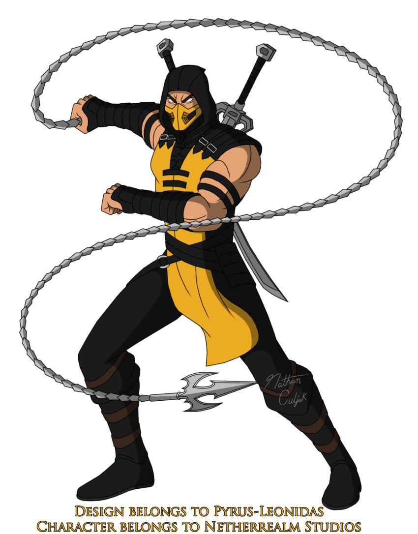 1boy armor belt black_gloves chain fingerless_gloves gloves highres holding holding_weapon hood hood_up katana kunai mask mortal_kombat mortal_kombat_x mouth_mask muscular ninja no_pupils pyrus-leonidas scorpion_(mortal_kombat) sheath sheathed skull sword translated weapon