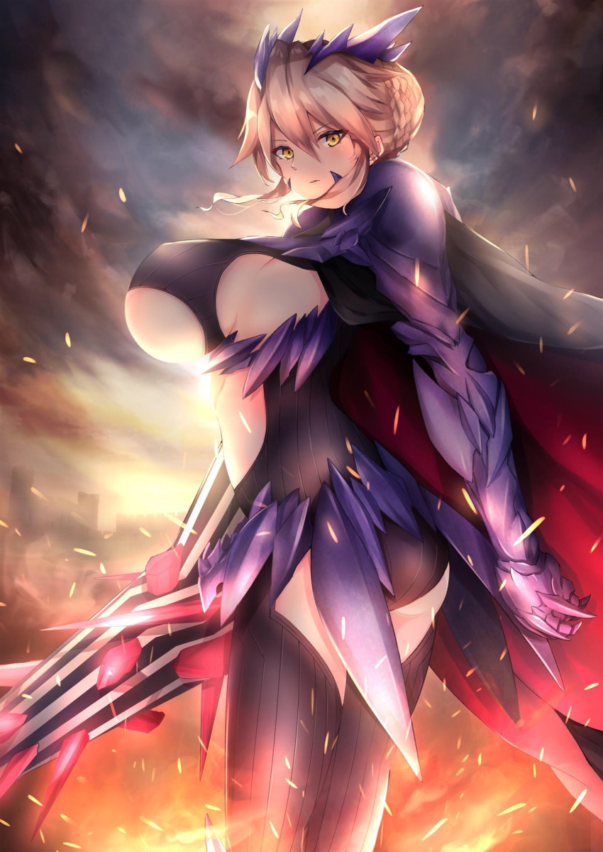 1girl armor armored_dress artoria_pendragon_(all) artoria_pendragon_(lancer_alter)_(fate) ass bangs black_bodysuit black_legwear blonde_hair bodysuit braid breasts cloak clouds cloudy_sky crown fate/grand_order fate_(series) highres holding holding_weapon large_breasts looking_at_viewer sky solo thigh-highs under_boob weapon yellow_eyes yutoriko_(candy0905)