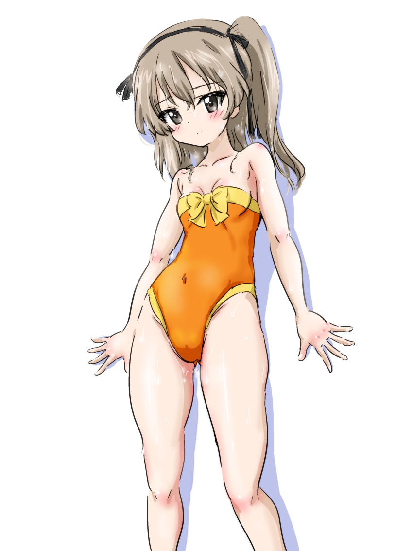 1girl absurdres bangs bare_shoulders black_ribbon blush bow bow_swimsuit breasts brown_eyes closed_mouth commentary covered_navel eyebrows_visible_through_hair girls_und_panzer hair_ribbon highres light_brown_hair light_frown long_hair looking_at_viewer one-piece_swimsuit one_side_up orange_swimsuit ribbon shadow shimada_arisu simple_background small_breasts solo standing strapless strapless_swimsuit swimsuit takobe_yadako wet white_background yellow_bow