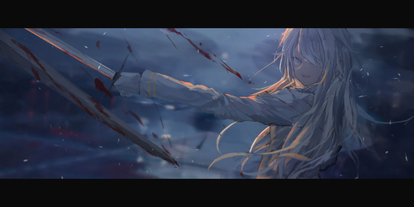 1girl bangs blood blood_splatter blurry blurry_background character_request from_side hair_over_one_eye hand_up highres holding holding_sword holding_weapon katann letterboxed long_hair long_sleeves looking_at_viewer looking_to_the_side messy_hair open_mouth pixiv_fantasia pixiv_fantasia_last_saga shirt sidelocks smile solo sword upper_body weapon white_eyes white_hair white_shirt