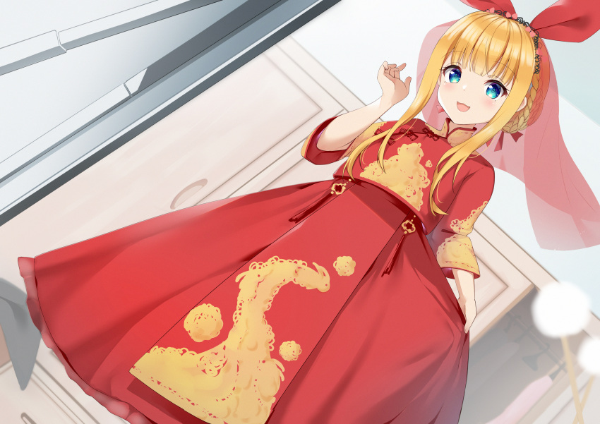 1girl absurdres bangs blonde_hair blunt_bangs blush braid bridal_veil chinese_commentary clothes_grab commentary_request dress eyebrows_visible_through_hair hand_up highres huge_filesize long_dress long_hair looking_at_viewer mononobe_alice nijisanji open_mouth red_dress sidelocks smile solo standing tied_hair veil yimiao