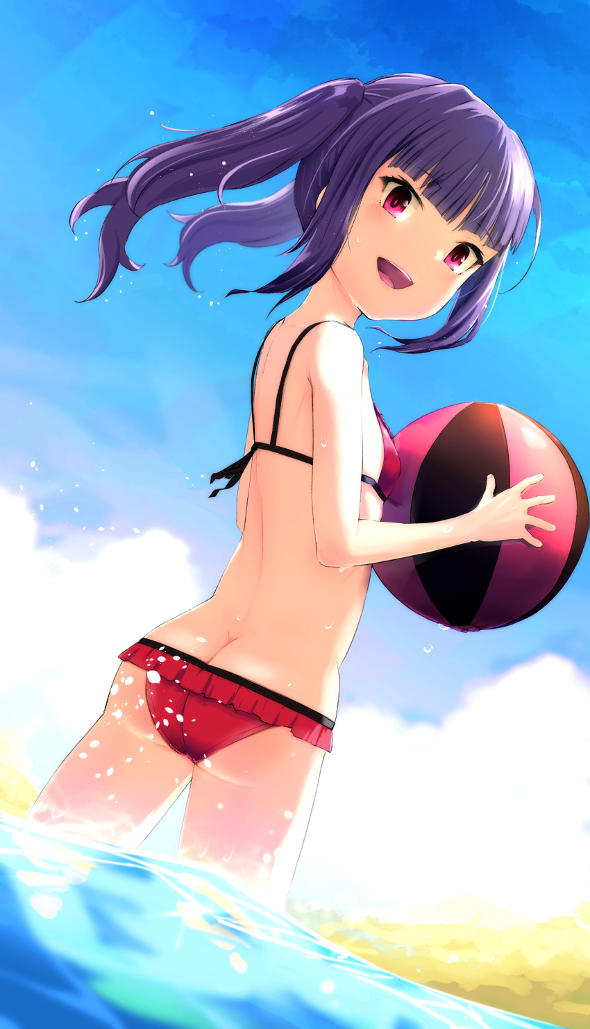 1girl absurdres alice_gear_aegis ass back ball bangs beachball bikini blue_sky blunt_bangs breasts butt_crack clouds cloudy_sky commentary_request day droplet dutch_angle eyebrows_visible_through_hair frilled_bikini frills from_behind highres holding holding_ball ichijou_ayaka looking_at_viewer looking_back medium_hair momo_(higanbana_and_girl) ocean open_mouth outdoors pink_eyes purple_hair red_bikini sky small_breasts smile solo splashing standing swimsuit twintails water wet