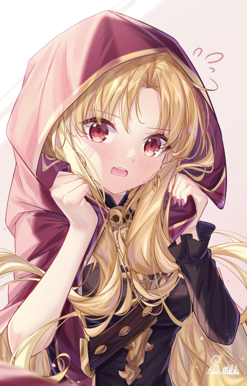 1girl bangs blonde_hair blush cape commentary_request earrings ereshkigal_(fate) eyebrows_visible_through_hair fate/grand_order fate_(series) flying_sweatdrops hands_up highres hood hood_up jewelry long_hair long_sleeves looking_at_viewer nattsu_(nattu888_8) open_mouth parted_bangs red_eyes single_sleeve solo upper_body