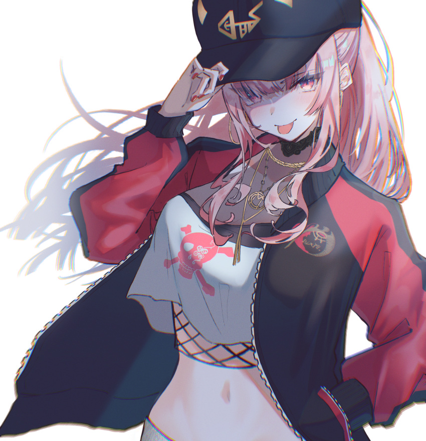 1girl black_headwear fishnet_top fishnets full_burrrrrrst highres hololive hololive_english jacket jewelry long_hair looking_at_viewer midriff mori_calliope nail_polish navel pink_eyes pink_hair straight_hair tank_top tongue tongue_out virtual_youtuber white_tank_top