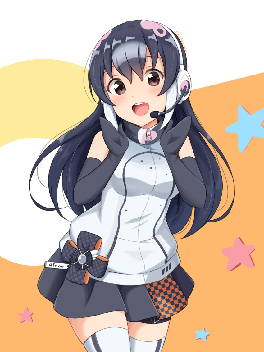 1girl :d absurdres african_penguin_(kemono_friends) bangs bare_shoulders belt_bow black_gloves black_hair black_legwear black_skirt blush brown_eyes commentary cowboy_shot elbow_gloves eyebrows_visible_through_hair gloves headset high_collar highlights highres kemono_friends kemono_friends_v_project long_hair looking_at_viewer microphone mittens multicolored_hair official_alternate_costume open_mouth orange_background pink_hair pleated_skirt shiraha_maru simple_background skirt sleeveless smile solo star_(symbol) striped striped_legwear sweater thigh-highs thigh_strap two-tone_legwear virtual_youtuber white_hair white_legwear white_sweater zettai_ryouiki