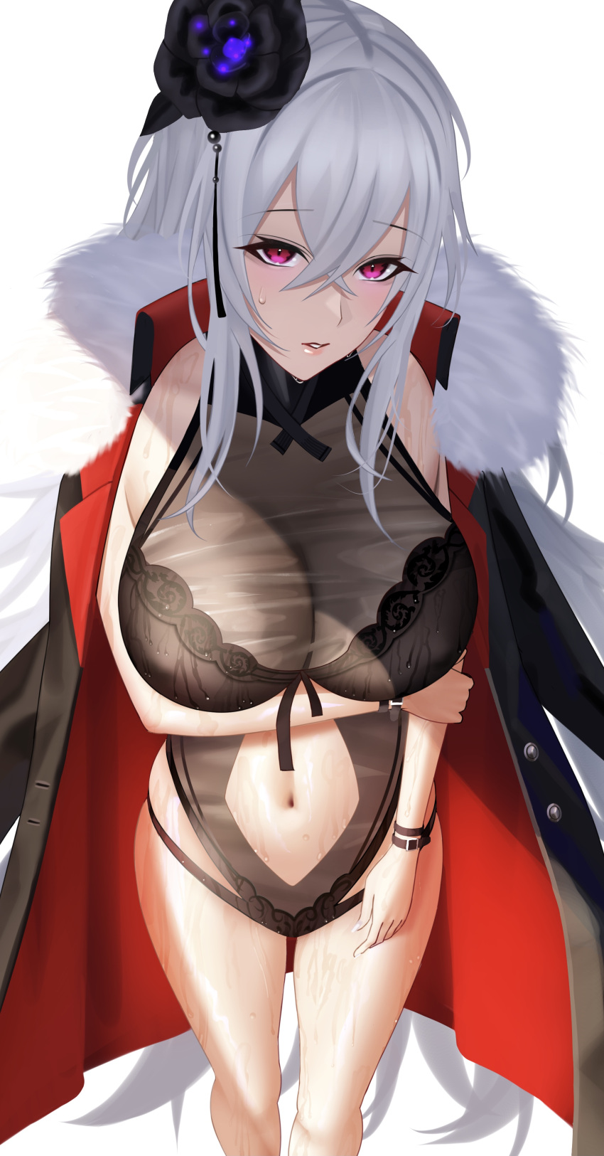 1girl absurdres arm_under_breasts azur_lane bangs black_coat black_flower clothing_cutout coat coat_on_shoulders crossed_bangs flower fur-trimmed_coat fur_trim graf_zeppelin_(azur_lane) graf_zeppelin_(beachside_urd)_(azur_lane) hair_flower hair_ornament highres long_hair official_alternate_costume open_clothes open_coat red_coat see-through simple_background skindentation solo stomach_cutout two-tone_coat very_long_hair violet_eyes wet white_background white_hair you_(yoyou)