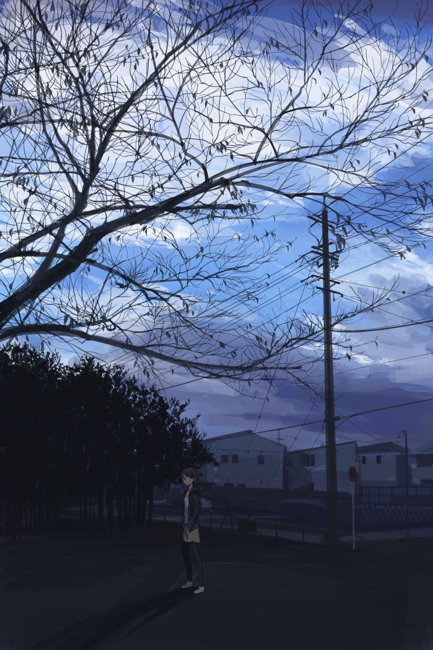 1girl black_hoodie black_pants brown_hair building closed_mouth clouds cloudy_sky commentary_request day full_body highres hood hoodie looking_at_viewer moribuden original outdoors pants power_lines scenery shirt shoes short_hair sky solo tree utility_pole white_footwear white_shirt