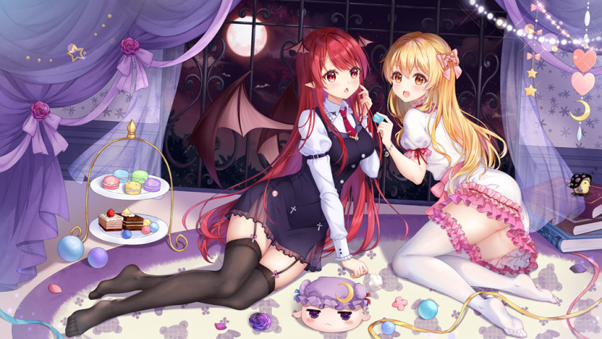 2girls ass black_legwear black_skirt black_vest black_wings blonde_hair book book_stack bow breasts cake chocolate_cake collared_shirt cross curtains demon_wings dress food full_moon garter_straps hair_bow hat head_wings hei_kuang_jun indoors keisenko koakuma long_hair long_sleeves macaron medium_breasts mob_cap moon multiple_girls necktie night open_mouth original patchouli_knowledge pink_bow purple_headwear red_eyes red_neckwear redhead see-through shirt sitting skirt smile thigh-highs tiered_tray touhou very_long_hair vest white_dress white_legwear white_shirt window wing_collar wings yukkuri_shiteitte_ne