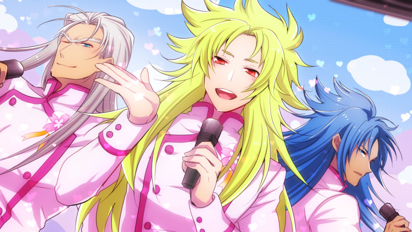 3boys :d ;) aries_shion blonde_hair blue_eyes blue_hair character_request closed_mouth dark-skinned_male dark_skin dress dutch_angle gemini_defteros holding holding_microphone idol jacket jo_tashiro long_dress long_hair male_focus microphone multiple_boys one_eye_closed open_mouth pink_jacket red_eyes saint_seiya:_the_lost_canvas shiny shiny_hair silver_hair sleeveless sleeveless_dress smile taurus_hasgard upper_body very_long_hair