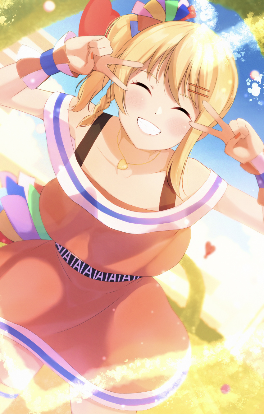 1girl absurdres asymmetrical_legwear back_bow bangs belt black_belt blonde_hair blue_stripes bow braid cheerleader collarbone commentary_request double_v facing_viewer french_braid grin hair_ornament hair_tie hairclip happy_birthday heart heart_necklace highres huge_filesize jewelry love_live! love_live!_nijigasaki_high_school_idol_club medium_hair miniskirt miyashita_ai off_shoulder orange_legwear orange_skirt pendant pom_poms ponytail saiko_heart_(love_live!) side_ponytail sidelocks skirt smile solo sophiaenju tank_top teeth v wristband