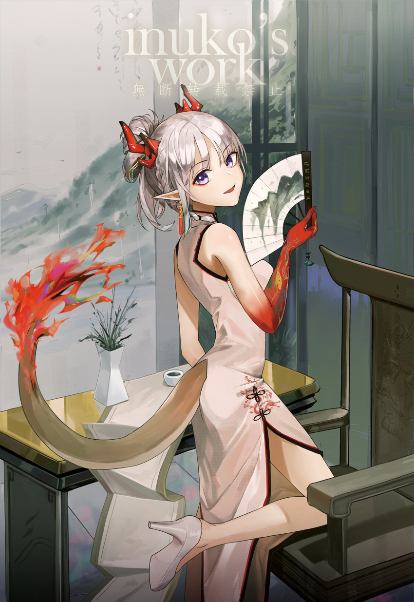 1girl arknights artist_name bangs bare_shoulders blue_eyes chair china_dress chinese_clothes dragon_horns dragon_tail dress eyebrows_visible_through_hair fan from_side hand_up highres holding holding_fan horns looking_at_viewer looking_to_the_side medium_hair messy_hair nian_(arknights) open_mouth sandals side_slit sidelocks sleeveless smile solo standing table tail tattoo white_dress white_hair zhaitengjingcang