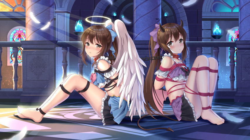 2girls absurdres angel angel_and_devil angel_wings bare_shoulders barefoot blue_skirt bound bound_together bow breasts brown_eyes brown_hair chain collar commentary_request demon_girl demon_horns demon_tail demon_wings eyebrows_visible_through_hair feathers freshylulu_m frills hair_bow halo highres horns huge_filesize indoors looking_at_viewer midriff multiple_girls original ponytail purple_skirt restrained shibari shibari_over_clothes sitting sitting_on_floor skirt tail tied_up under_boob wings