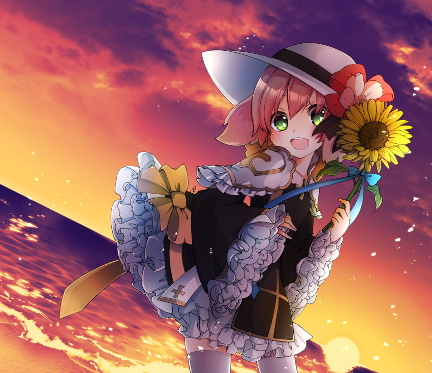 1girl absurdres archbishop_(ragnarok_online) asuta_(kinakomoti300) bangs beach black_dress black_ribbon blush bow clouds commentary_request cowboy_shot cross dress dress_bow dutch_angle flower frilled_dress frilled_sleeves frills gradient_sky green_eyes hair_between_eyes hat hat_ribbon highres holding holding_bow horizon looking_at_viewer ocean official_alternate_costume open_mouth orange_sky pink_flower pink_hair purple_sky ragnarok_online ribbon short_hair sky smile solo sunflower sunset thigh-highs water white_headwear white_legwear yellow_bow