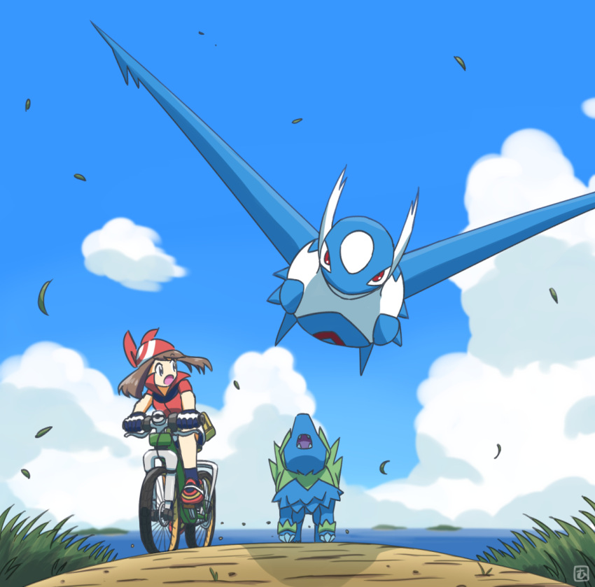 1girl bicycle brown_hair clouds collared_shirt commentary_request day from_below gen_3_pokemon gloves grass ground_vehicle latios leaves_in_wind legendary_pokemon manectric may_(pokemon) mutou610 open_mouth outdoors pokemon pokemon_(creature) pokemon_(game) pokemon_rse red_bandana red_shirt riding_bicycle shirt shoes short_sleeves sky socks tongue