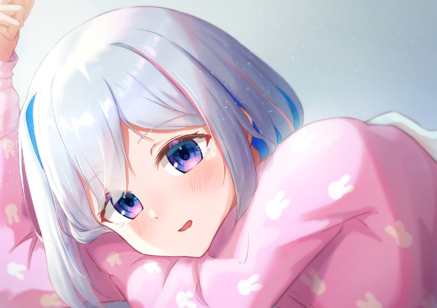 1girl amane_kanata blue_eyes blue_hair blush bob_cut colored_inner_hair gradient_eyes hololive looking_at_breasts multicolored multicolored_eyes multicolored_hair pajamas parted_lips pink_hair pink_pajamas short_hair silver_hair single_hair_intake solo streaked_hair typho violet_eyes virtual_youtuber waking_up