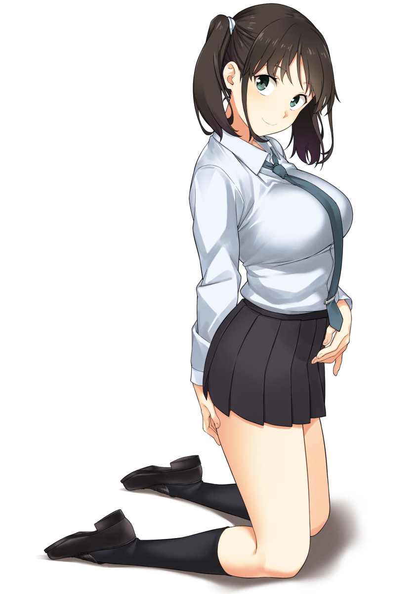 1girl absurdres black_footwear black_skirt blue_neckwear breasts brown_hair closed_mouth commentary_request full_body green_eyes hatakenaka_(kamagabuchi) highres kneeling large_breasts long_sleeves looking_at_viewer necktie original pleated_skirt shirt short_hair simple_background skirt smile socks solo thighs twintails white_background white_shirt