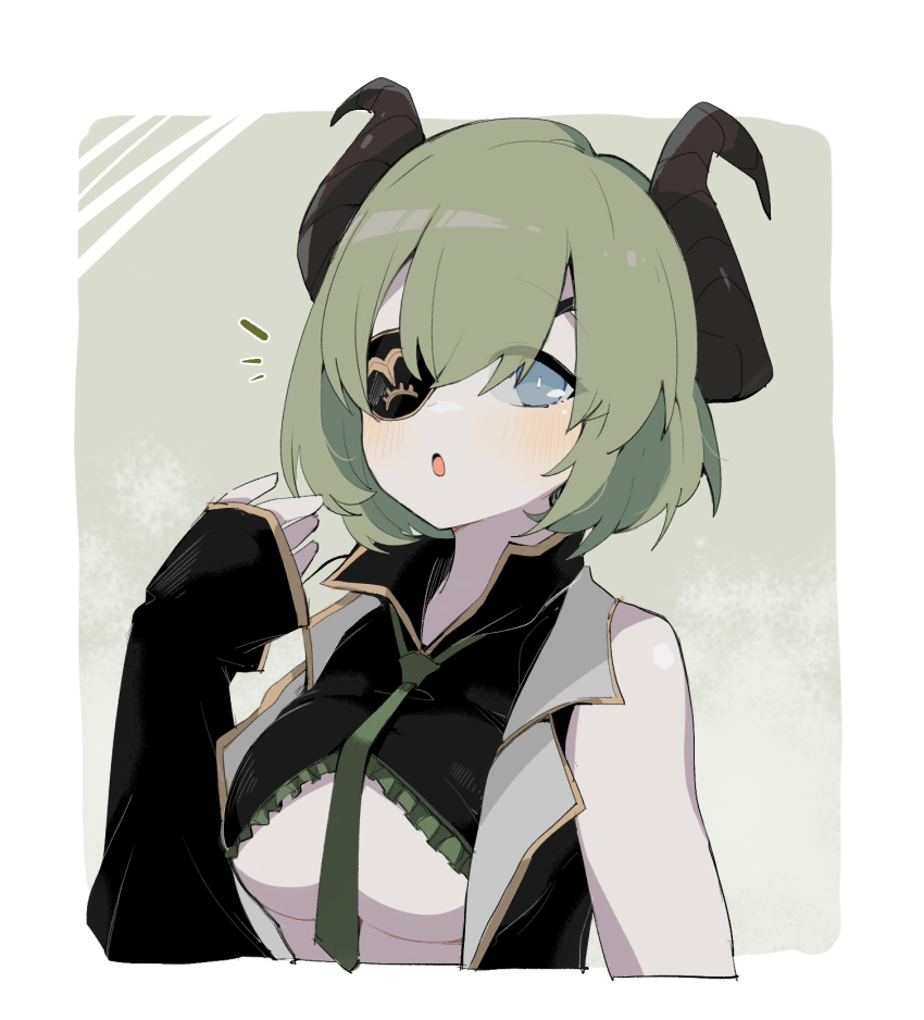 1girl asymmetrical_sleeves black_horns black_jacket black_shirt black_sleeves blue_eyes blush border breasts clothes_lift commentary_request eyebrows_visible_through_hair eyepatch eyes_visible_through_hair frilled_shirt frills green_hair green_neckwear grey_background hand_up high_collar highres honey_strap horns jacket long_sleeves looking_at_viewer medium_breasts necktie one_eye_covered open_mouth retri sekishiro_mico shirt shirt_lift short_hair sleeveless sleeveless_jacket solo under_boob upper_body virtual_youtuber white_border