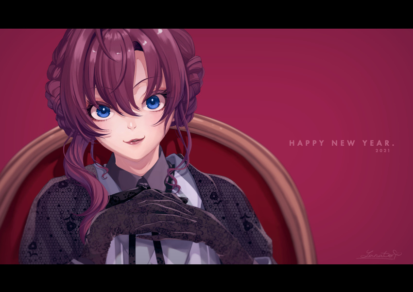 1girl 2021 absurdres asymmetrical_hair black_gloves blue_eyes braid braided_bun brown_hair chair commentary_request double_bun fishnet_gloves fishnets gloves hair_between_eyes hair_up happy_new_year highres ichinose_shiki idolmaster idolmaster_cinderella_girls letterboxed lipstick looking_at_viewer makeup new_year red_background shirt signature sitting solo upper_body white_shirt yanato_(e-huxe)