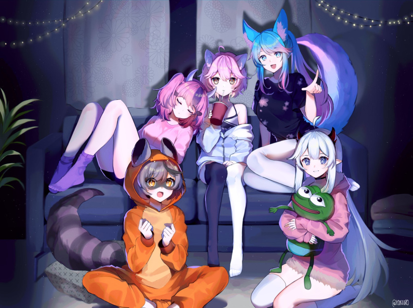 5girls :d ahoge animal_ear_fluff animal_ears bangs black_legwear black_shirt blue_eyes breasts brown_eyes cat_ears character_doll commentary commission couch cup demon_horns drinking_straw_in_mouth eyebrows_visible_through_hair feet_out_of_frame floral_print full_body fur_trim head_on_another's_shoulder highres holding holding_cup hood hood_up hoodie horns ironmouse jacket kneehighs leaning_on_person long_hair long_sleeves looking_at_viewer medium_breasts mismatched_legwear multiple_girls no_shoes nyatasha_nyanners off_shoulder on_couch open_mouth orange_eyes pepe_the_frog pink_hoodie pointy_ears purple_legwear raccoon_ears raccoon_girl raccoon_tail seiza shirt silvervale single_kneehigh single_thighhigh sitting sleeping smile snuffy_(vtuber) socks tail tail_raised thigh-highs twitter_username vei_(vtuber) very_long_hair virtual_youtuber vshojo white_hair white_jacket white_legwear wolf_ears wolf_girl wolf_tail yuniiho