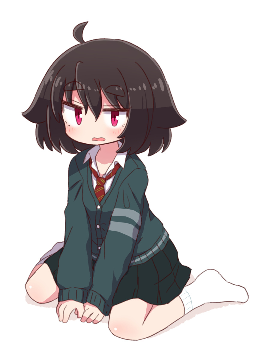 1girl ahoge artist_self-insert bangs between_legs black_hair blush collared_shirt commentary_request diagonal-striped_neckwear diagonal_stripes eyebrows_visible_through_hair full_body green_jacket green_skirt hair_between_eyes hand_between_legs highres jacket long_sleeves looking_at_viewer naga_u necktie no_shoes original parted_lips pleated_skirt red_eyes red_neckwear shirt sitting skirt sleeves_past_wrists socks solo striped striped_neckwear thick_eyebrows wariza wavy_mouth white_background white_legwear white_shirt