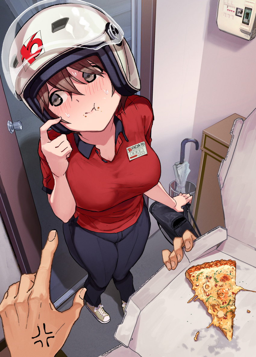 1boy 1girl absurdres anger_vein bag bangs black_pants breasts brown_eyes brown_hair closed_umbrella commentary_request delivery doorway food food_on_face from_above helmet highres holding holding_bag indoors large_breasts looking_away looking_to_the_side name_tag open_door original pants pizza pizza_box pov red_shirt scratching_cheek shirt short_hair short_sleeves solo_focus standing umbrella yomoda_yomo