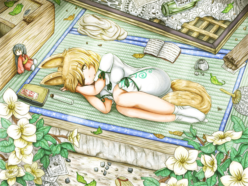 1girl :o animal_ears blush_stickers book bottle bowl broken commentary_request doll dress eyebrows_visible_through_hair fan fetal_position flower fox_ears fox_girl fox_tail from_above hair_over_one_eye highres kudamaki_tsukasa leaf legs_together looking_at_viewer lying on_floor on_side one_eye_closed open_book own_hands_together paper paper_fan pebble solo tabi tail tatami touhou tree_branch uchiwa white_dress white_legwear yellow_eyes ys_(ytoskyoku-57)