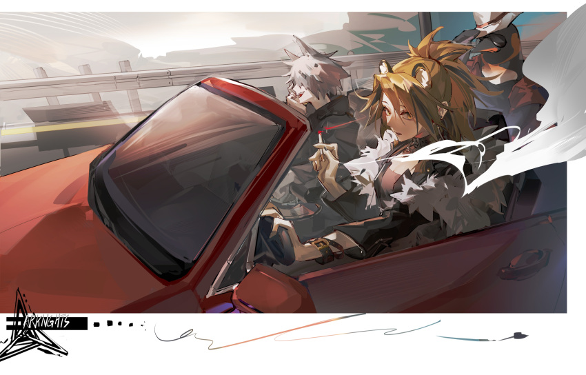 1boy 2girls absurdres ambience_synesthesia animal animal_ears arknights bird black_jacket black_sweater blonde_hair bracelet car cigarette collar convertible copyright_name driving extra_ears fur-trimmed_jacket fur_trim ground_vehicle hair_ornament hairclip haruka3721 highres holding holding_cigarette hood hood_down jacket jewelry lappland_(ambience_synesthesia)_(arknights) lappland_(arknights) lion_ears long_hair motor_vehicle multiple_girls official_alternate_costume open_mouth penguin ponytail short_hair siege_(ambience_synesthesia)_(arknights) siege_(arknights) sitting sunglasses sweater the_emperor_(arknights) white_hair white_headwear wolf_ears yellow_eyes