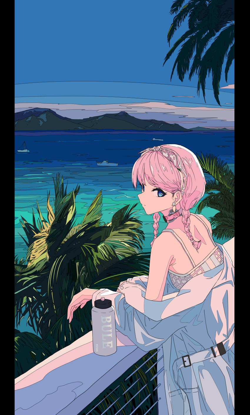 1girl absurdres arknights bangs bare_shoulders blue_coat blue_hair blue_poison_(arknights) boat bottle braid camisole choker closed_mouth coat cowboy_shot earrings from_side highres huge_filesize jewelry long_hair long_sleeves looking_at_viewer looking_to_the_side mountain ocean off_shoulder pillarboxed railing ribbon scenery sky solo spaghetti_strap standing tree twin_braids twintails violet_eyes water watercraft