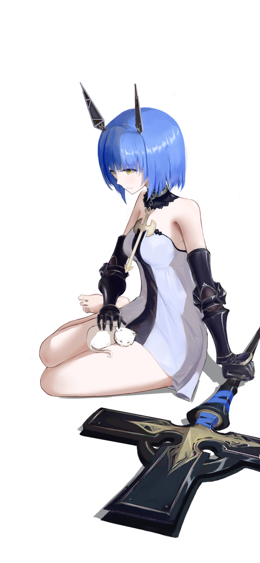 1girl azur_lane bare_shoulders blue_hair breasts cat cross cross_necklace detached_collar dress elbow_gloves from_side full_body gascogne_(azur_lane) gauntlets gloves headgear highres jewelry k/a necklace short_hair simple_background sleeveless sleeveless_dress small_breasts solo strapless strapless_dress white_background white_cat white_dress yellow_eyes