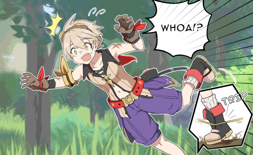 1boy ^^^ alphthelad bandaid bandaid_on_face bennett_(genshin_impact) english_commentary english_text flying_sweatdrops genshin_impact gloves goggles goggles_on_head light_brown_hair midriff navel scar scar_on_arm shoes short_hair solo tripping yellow_eyes